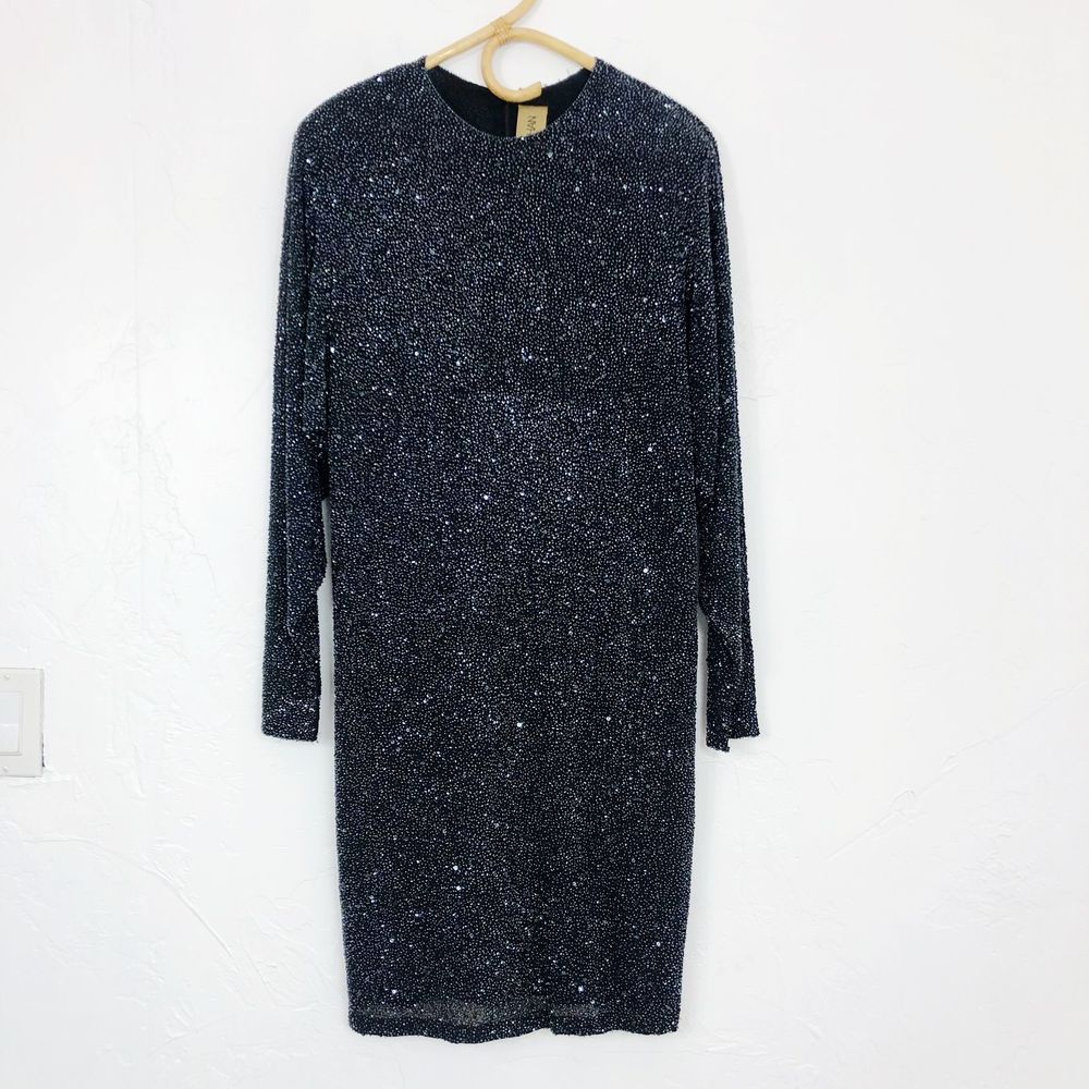 Naeem Khan Black Sequins Beaded Mid Length Dress